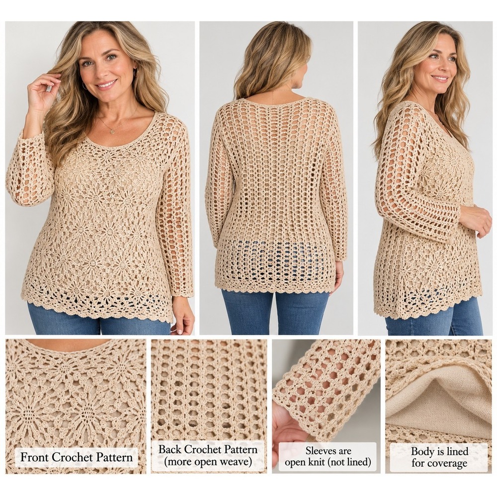 Croft & Barrow XL Crochet Tunic Sweater Beige Floral Open Knit Lined Boho